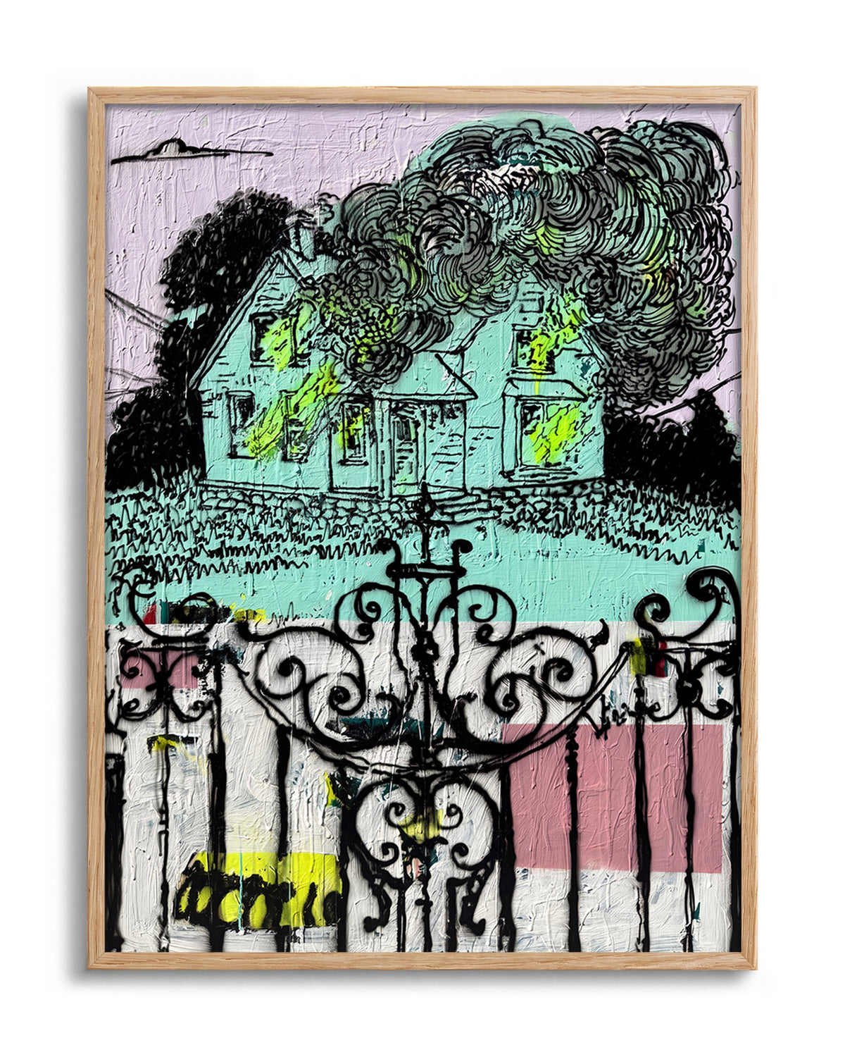 Broken pop art comic collage print in an oak frame