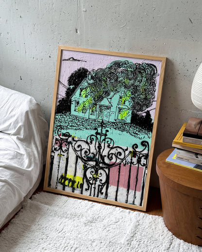 Broken pop art comic collage print in an oak frame, in a room setting