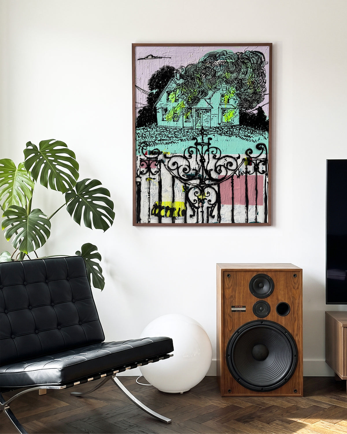 Broken pop art comic collage print in a walnut frame, in a room setting