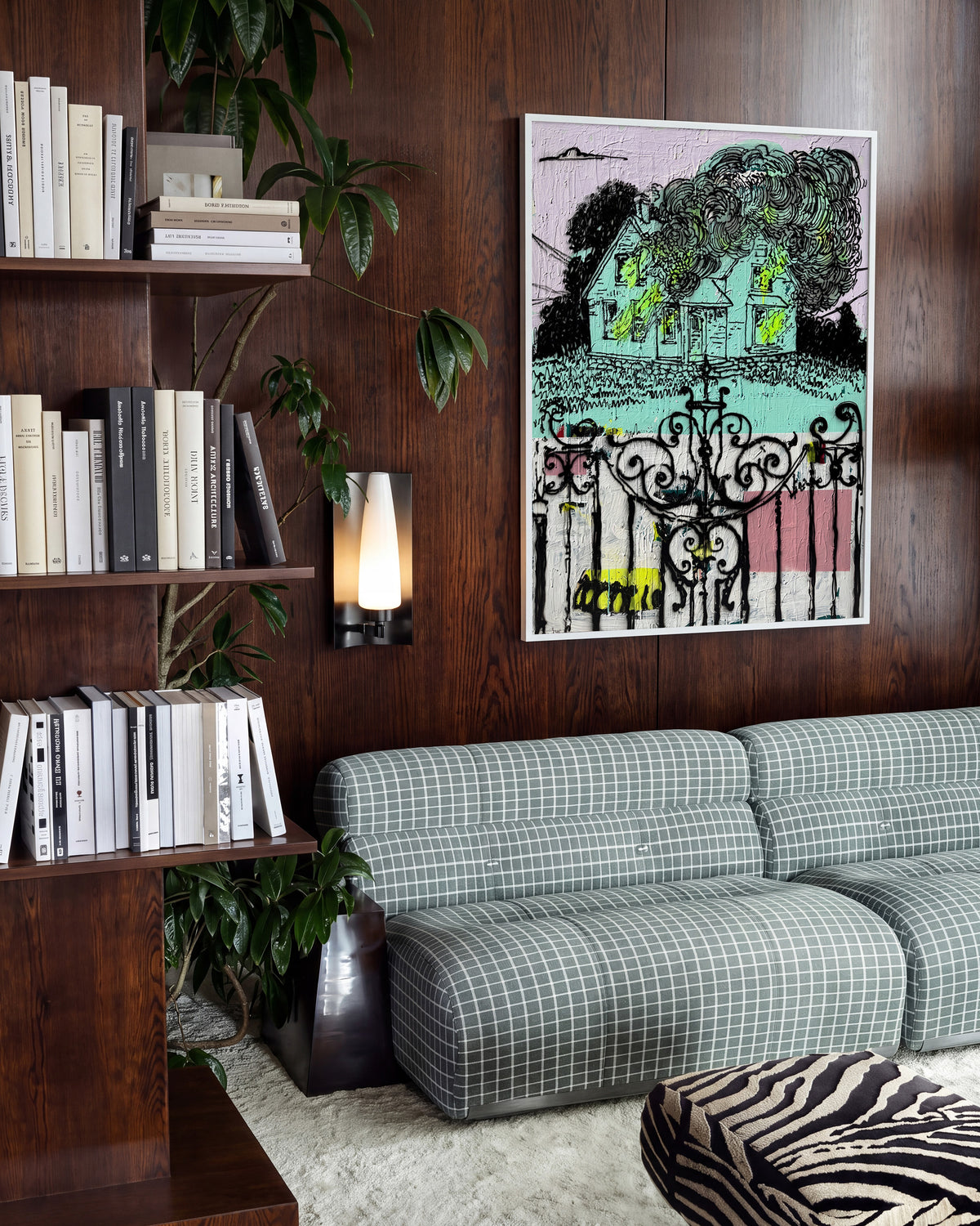 Broken pop art comic collage print in a white frame, in a room setting