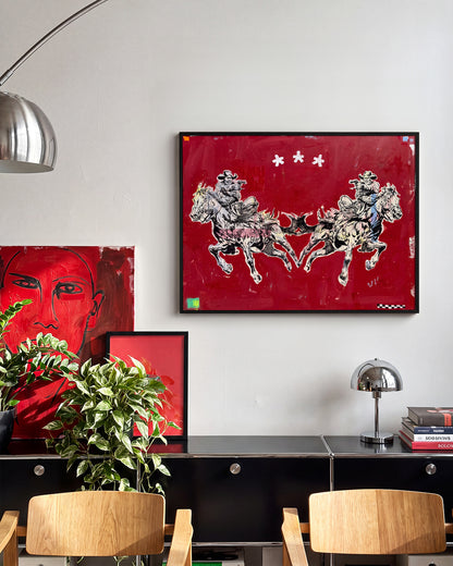 Butterfly pop art comic print in a black frame, in a room setting