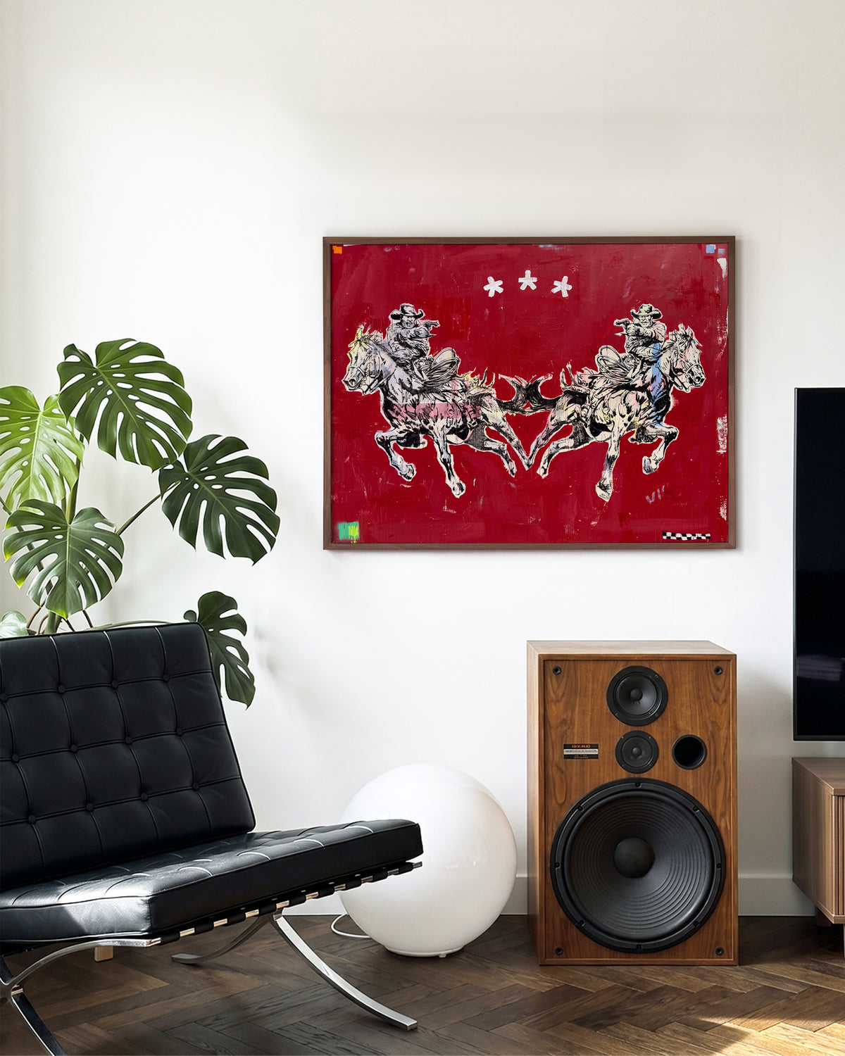 Butterfly pop art comic print in a walnut frame, in a room setting