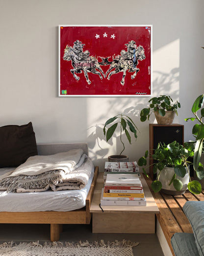 Butterfly pop art comic print in a white frame, in a room setting