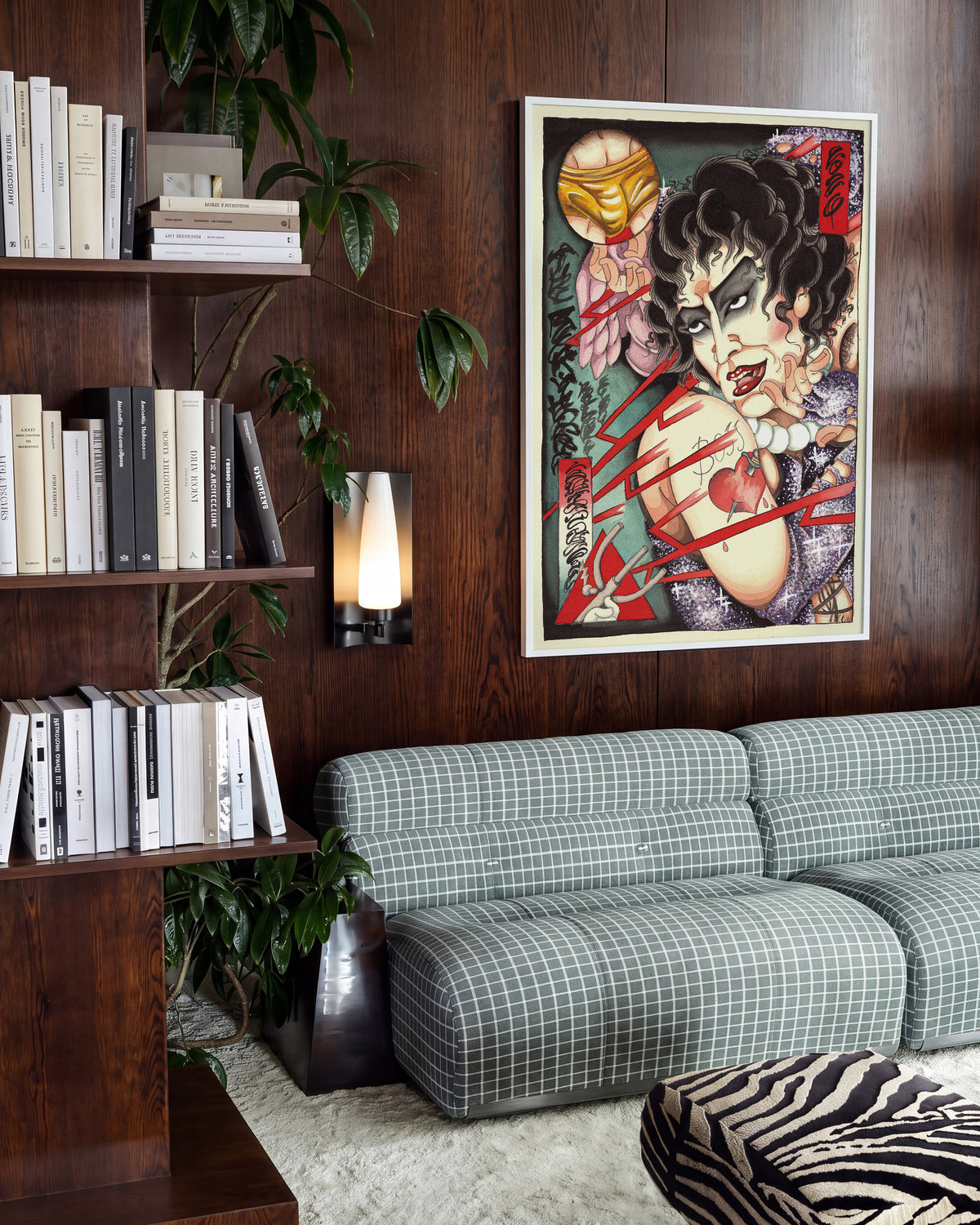 Electric Geisha Japanese geisha art print in a white frame, in a room setting