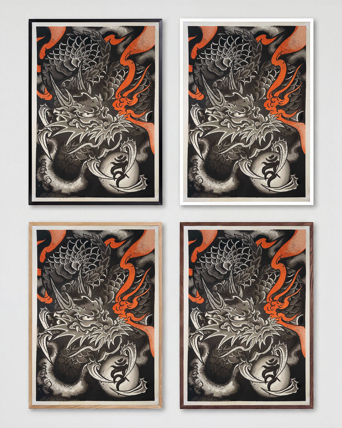 Dragon of Embers Japanese dragon art print shown in all frame colours