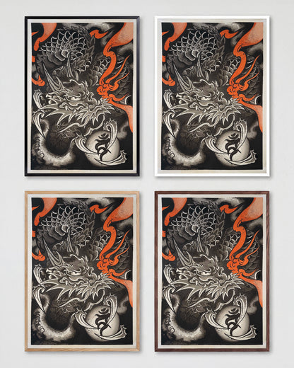 Dragon of Embers Japanese dragon art print shown in all frame colours
