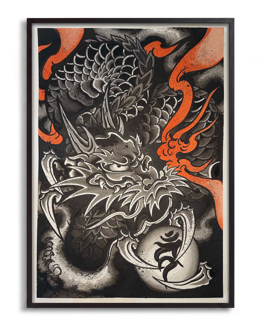 Dragon of Embers - no background framed - black