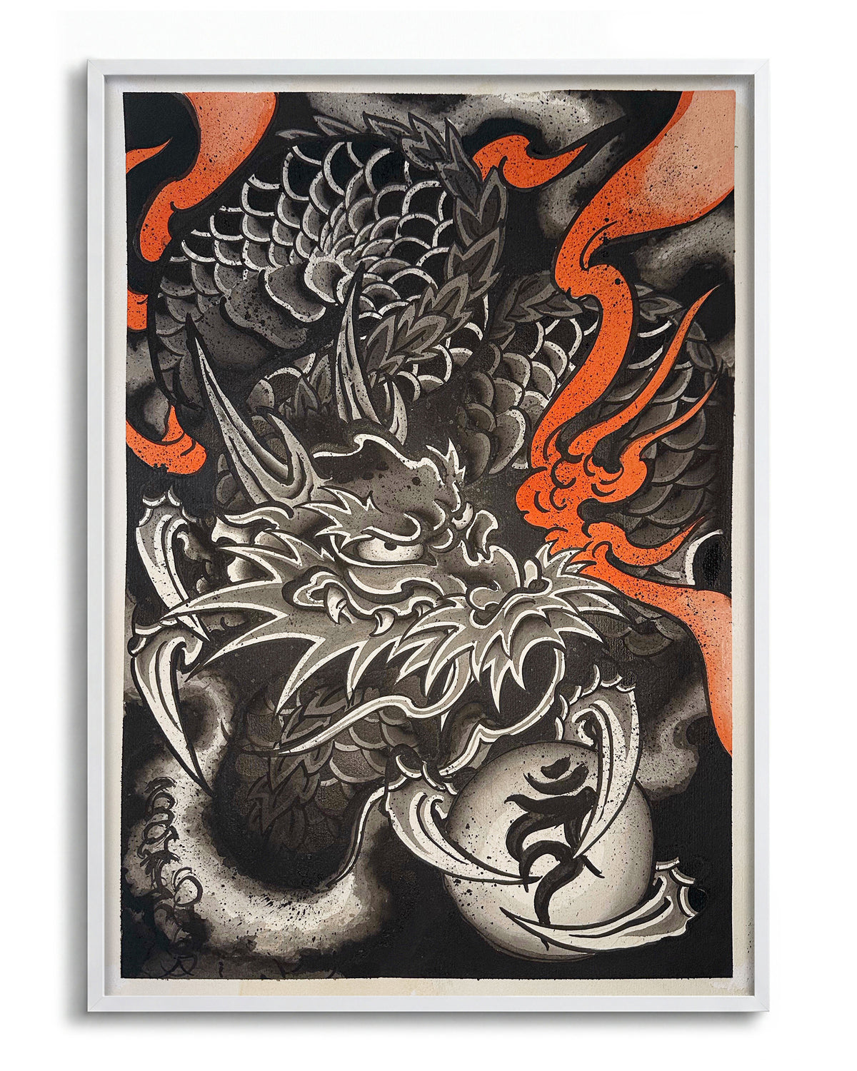 Dragon of Embers Japanese dragon art print in a white frame