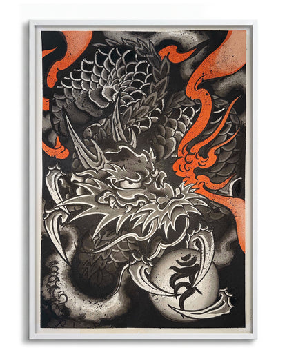 Dragon of Embers Japanese dragon art print in a white frame