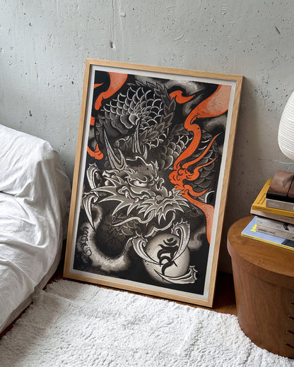 Dragon of Embers Japanese dragon art print in an oak frame, in a room setting