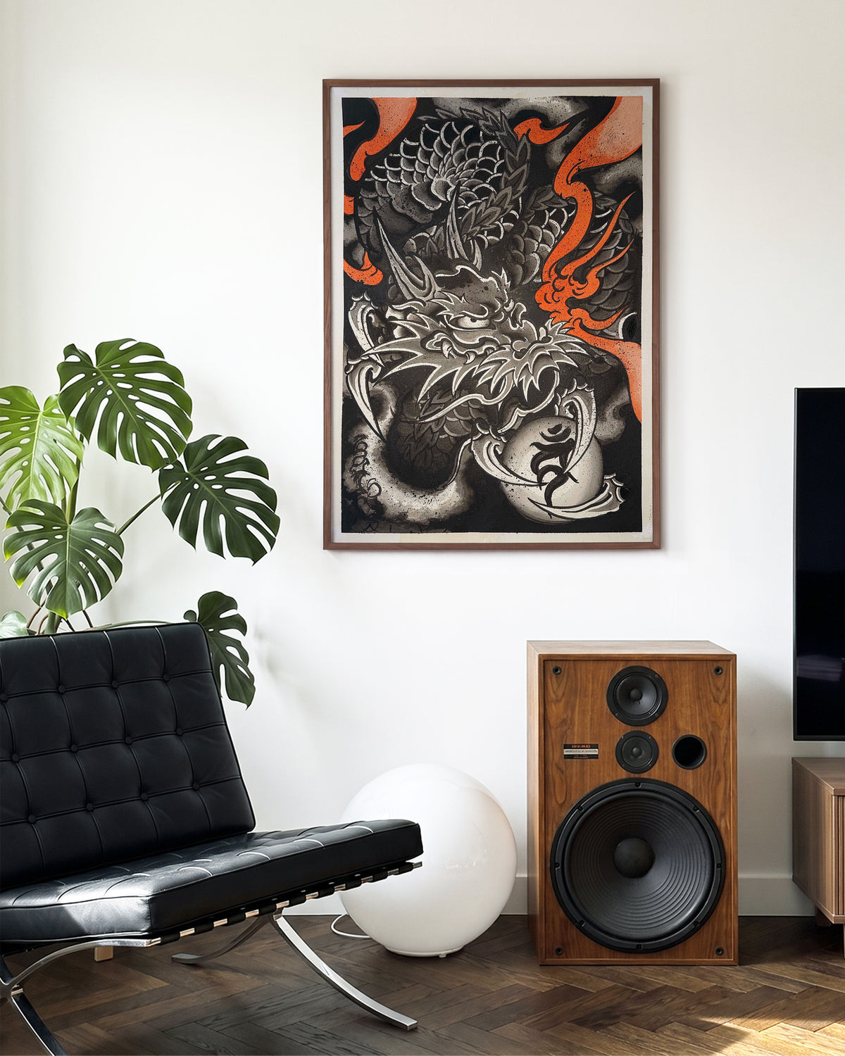 Dragon of Embers Japanese dragon art print in a walnut frame, in a room setting