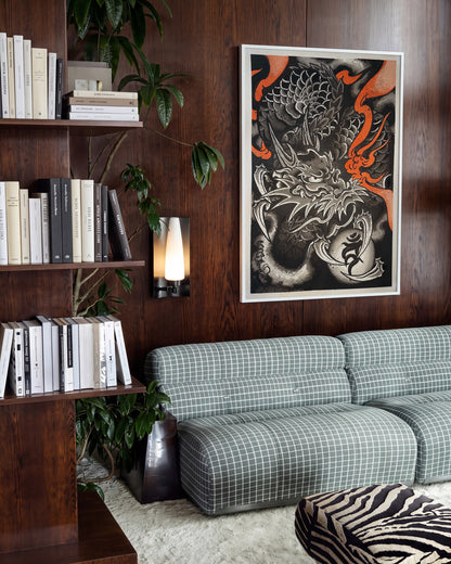 Dragon of Embers Japanese dragon art print in a white frame, in a room setting