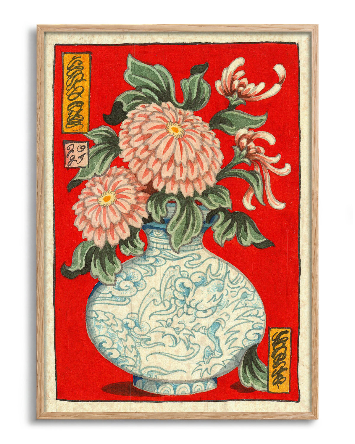 Flowers in Bloom Japanese floral art print in an oak frame