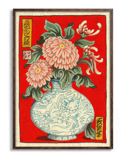 Flowers in Bloom Japanese floral art print in a walnut frame