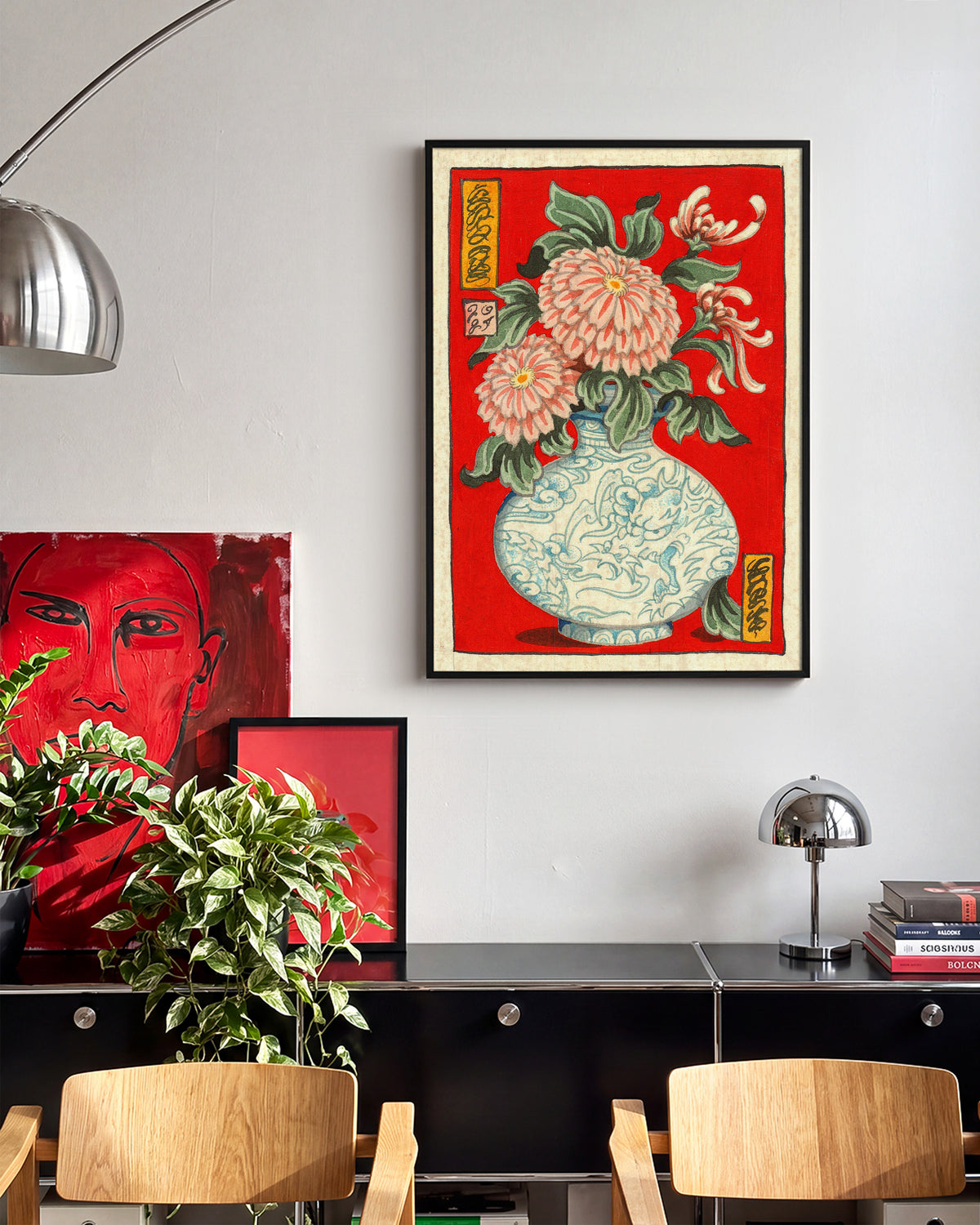 Flowers in Bloom Japanese floral art print in a black frame, in a room setting