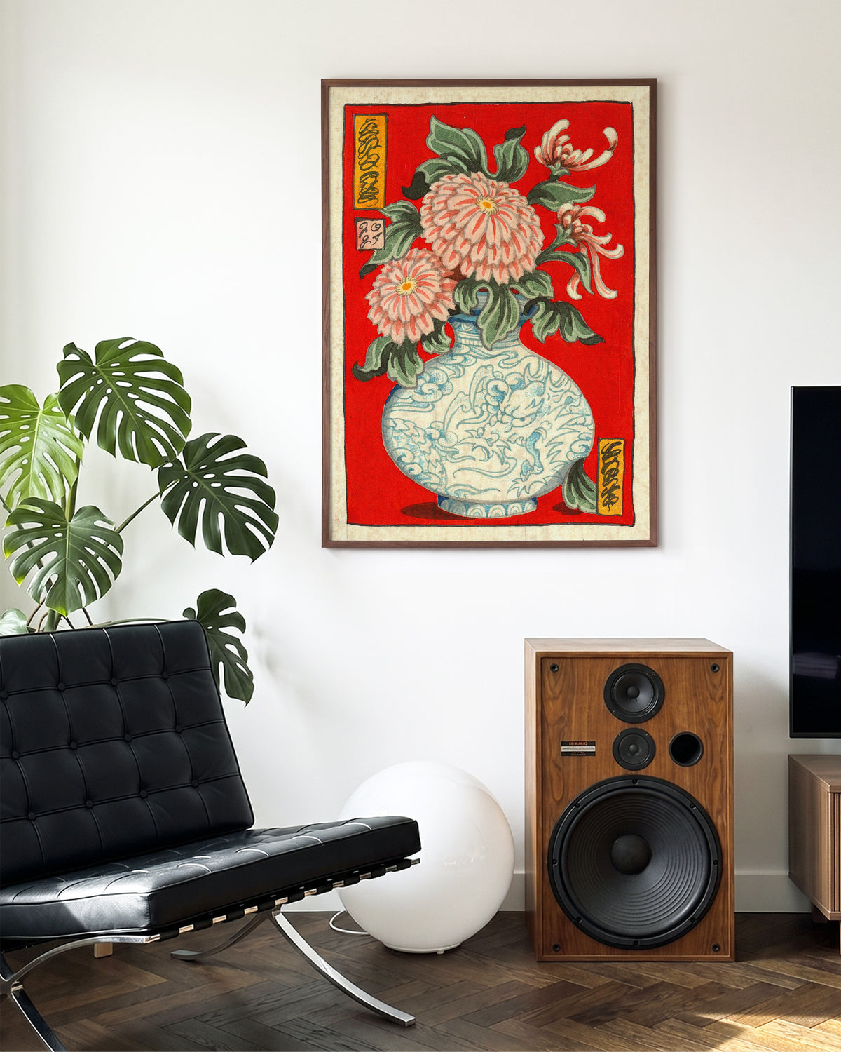 Flowers in Bloom Japanese floral art print in a walnut frame, in a room setting