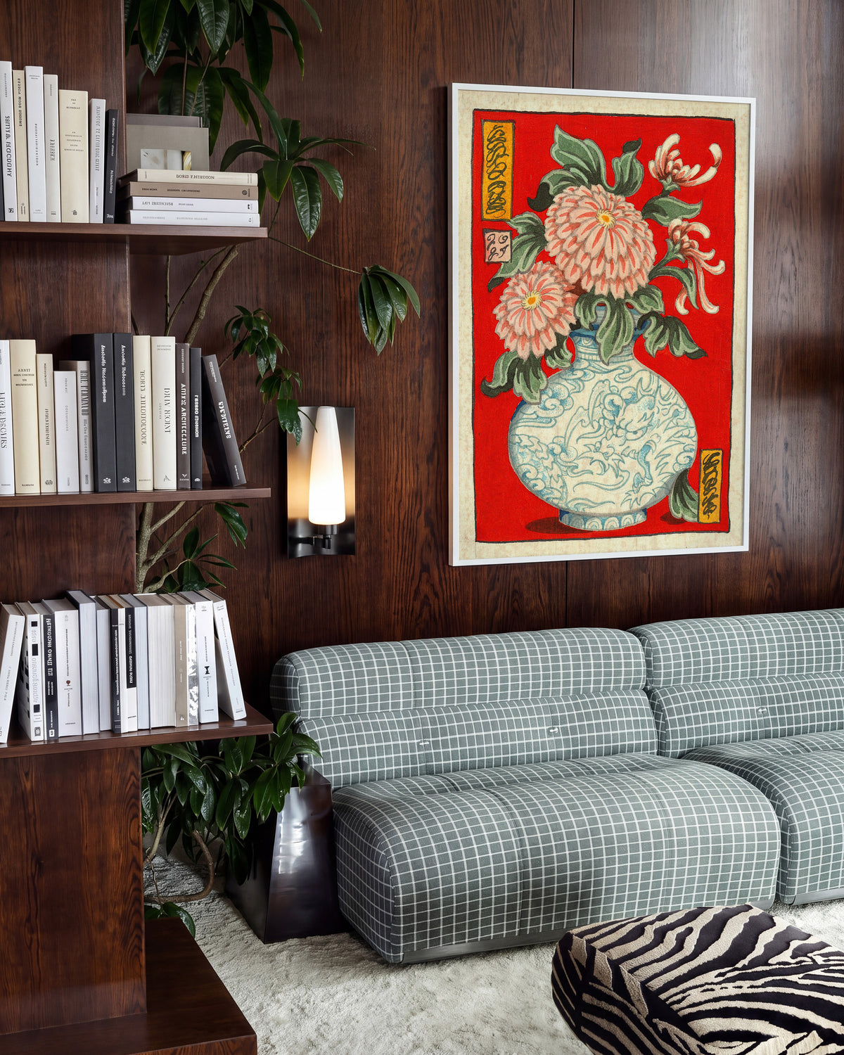 Flowers in Bloom Japanese floral art print in a white frame, in a room setting