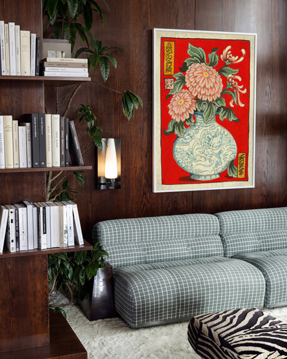 Flowers in Bloom Japanese floral art print in a white frame, in a room setting