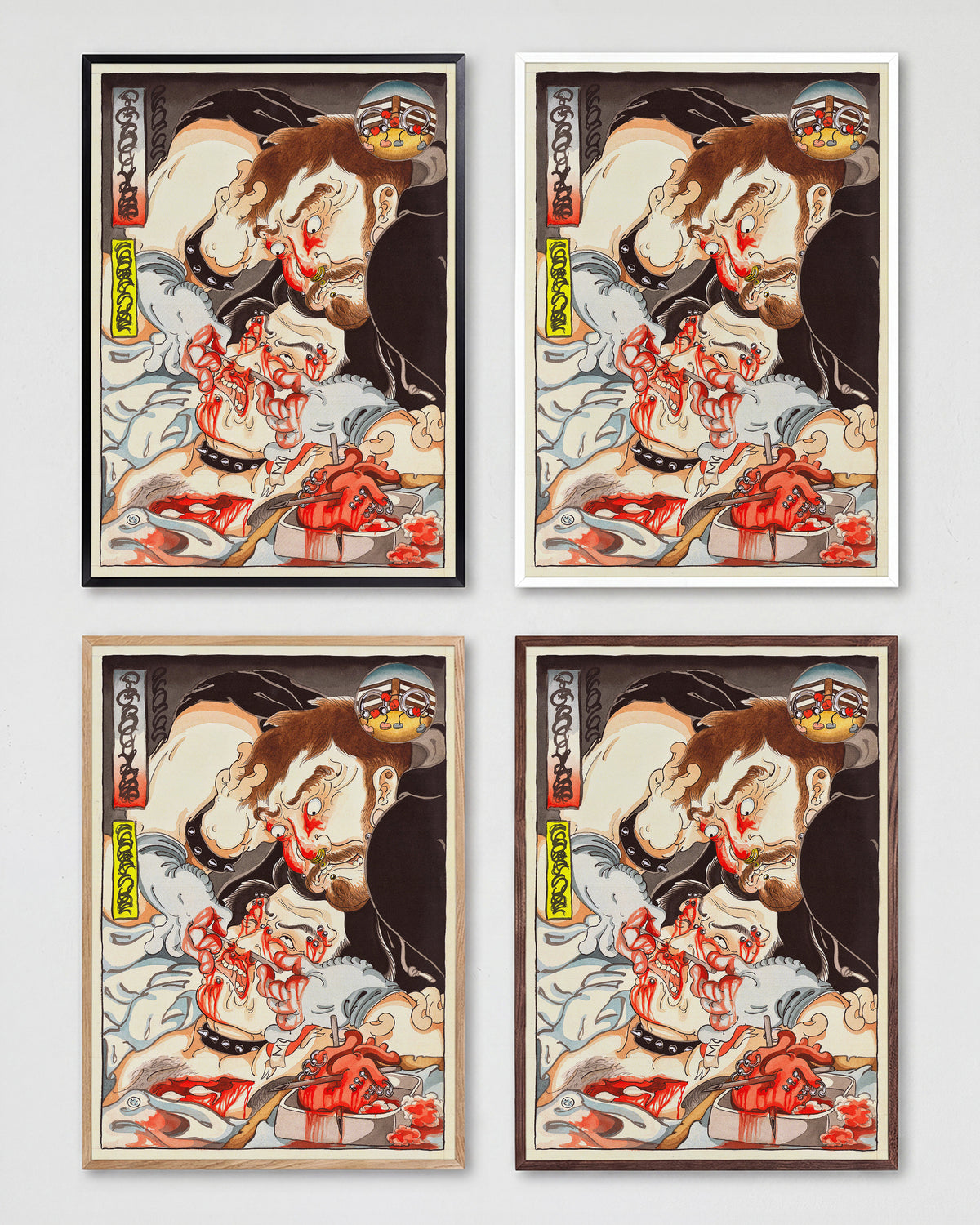A Feast of Mischief Japanese tattoo art print shown in all frame colours