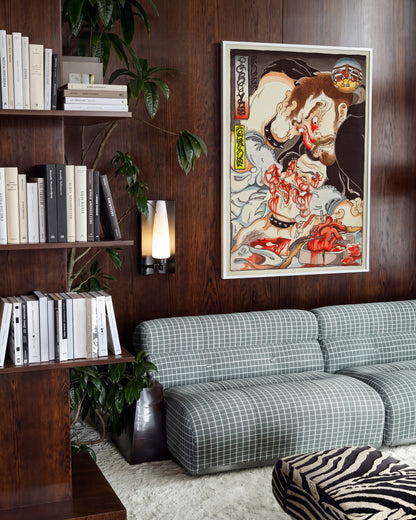 A Feast of Mischief Japanese tattoo art print in a white frame, in a room setting