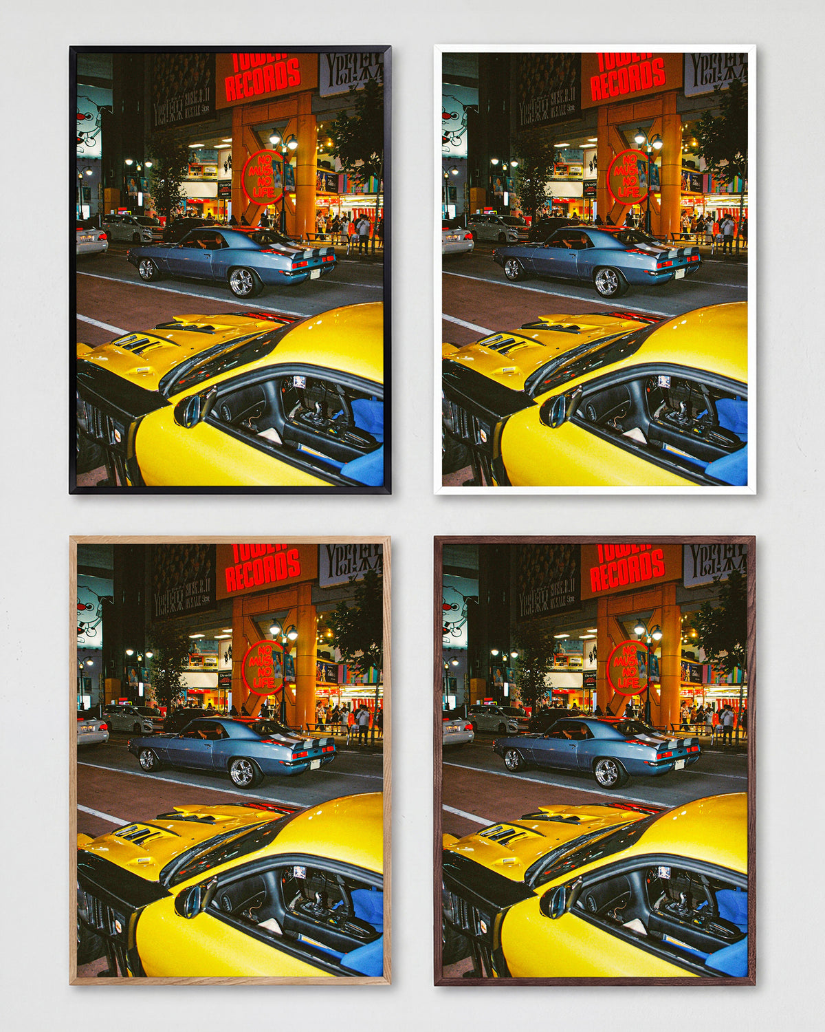 Downtown Shibuya Tokyo street photography print shown in all frame colours