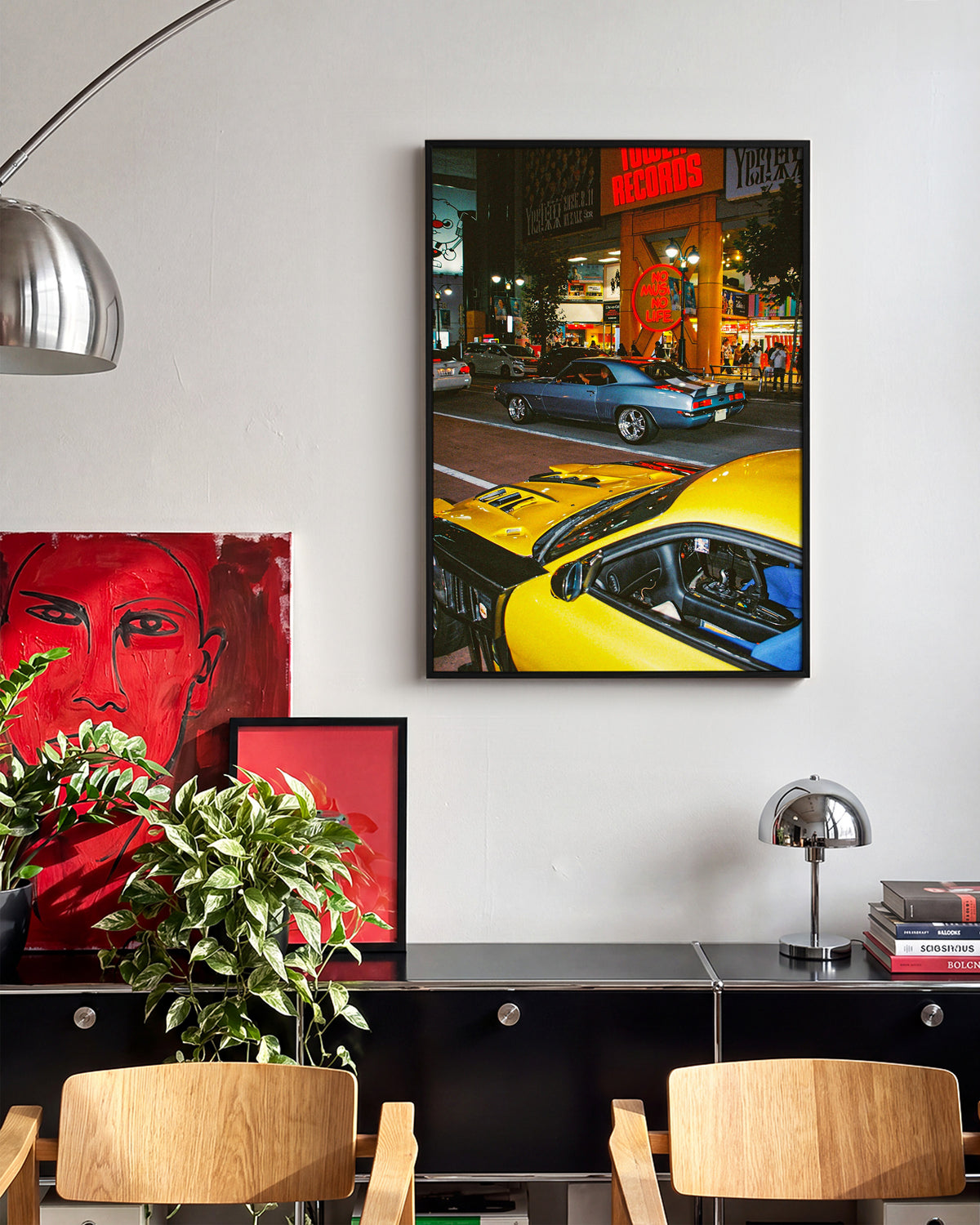 Downtown Shibuya Tokyo street photography print in a black frame, in a room setting