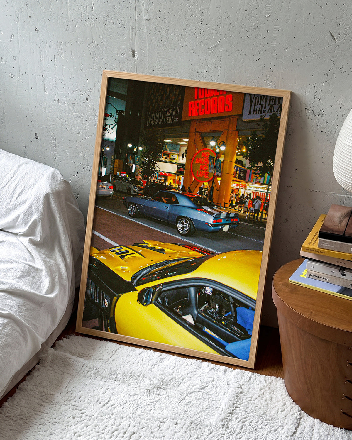 Downtown Shibuya Tokyo street photography print in an oak frame, in a room setting