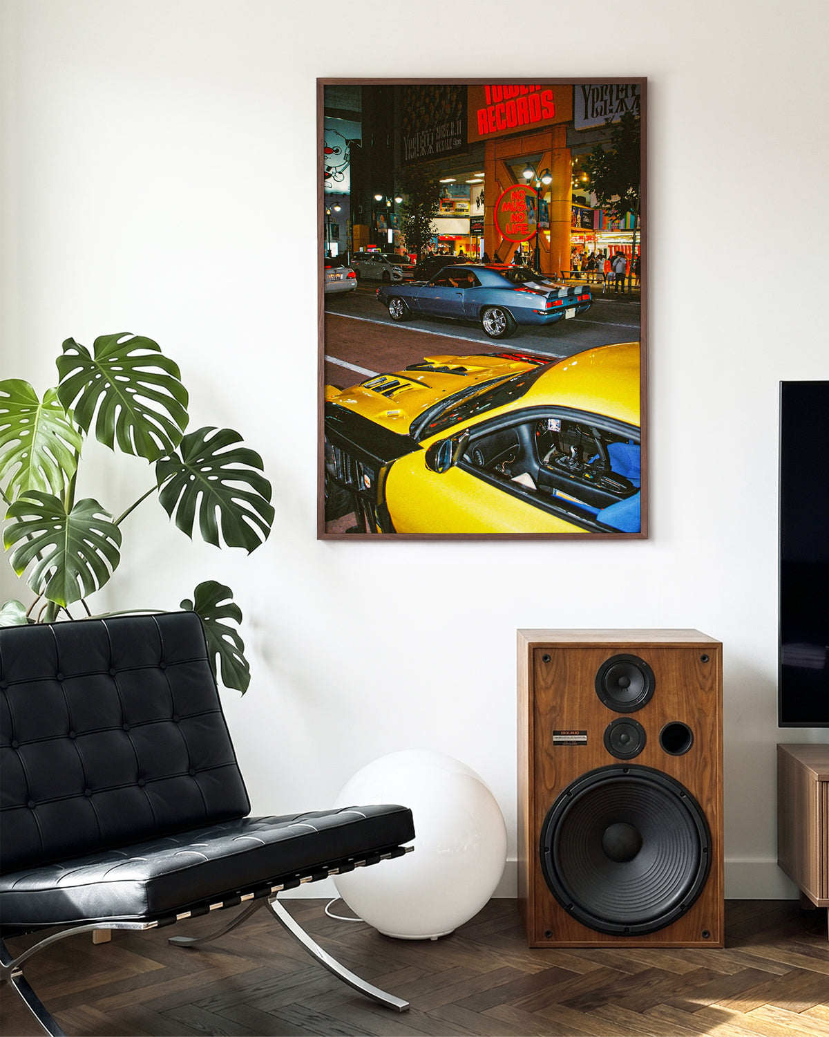 Downtown Shibuya Tokyo street photography print in a walnut frame, in a room setting