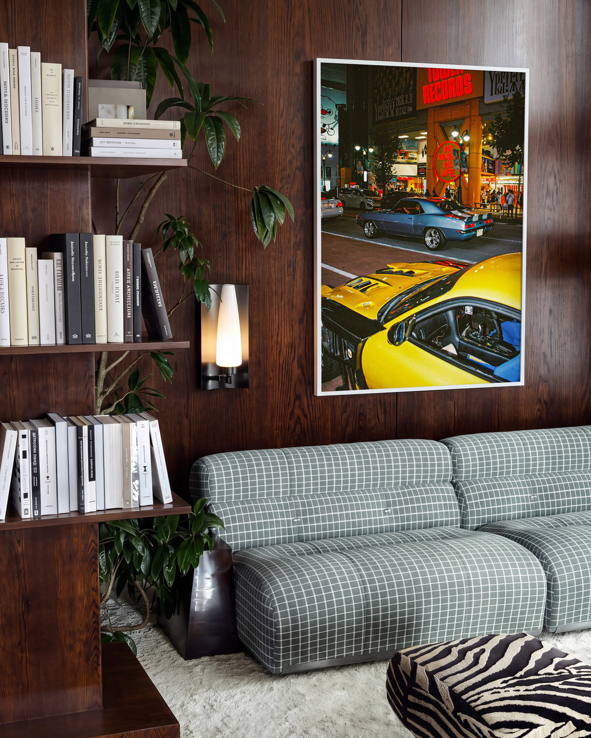 Downtown Shibuya Tokyo street photography print in a white frame, in a room setting