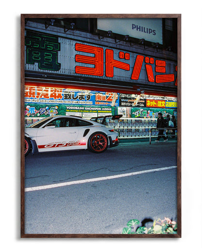 Late Arrival JDM car photography print in a walnut frame