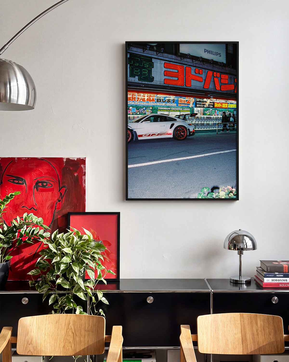 Late Arrival JDM car photography print in a black frame, in a room setting