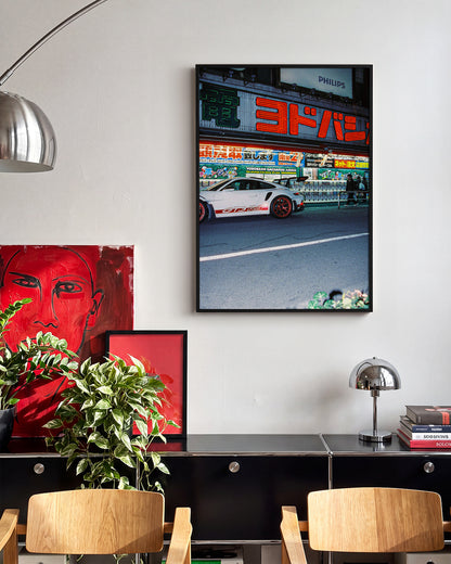 Late Arrival JDM car photography print in a black frame, in a room setting