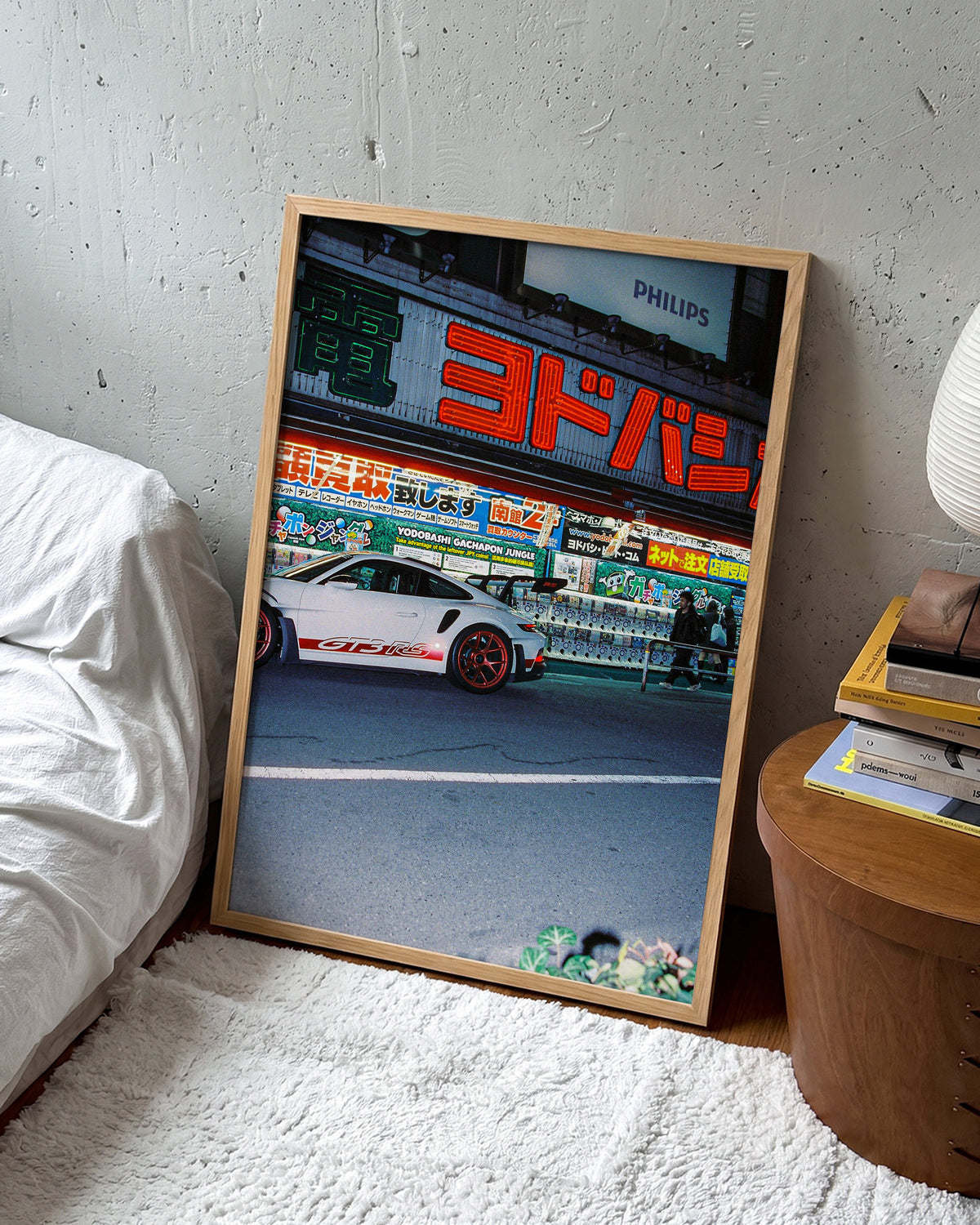 Late Arrival JDM car photography print in an oak frame, in a room setting