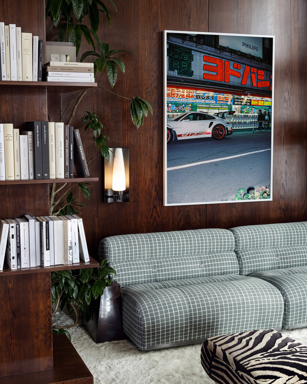 Late Arrival JDM car photography print in a white frame, in a room setting