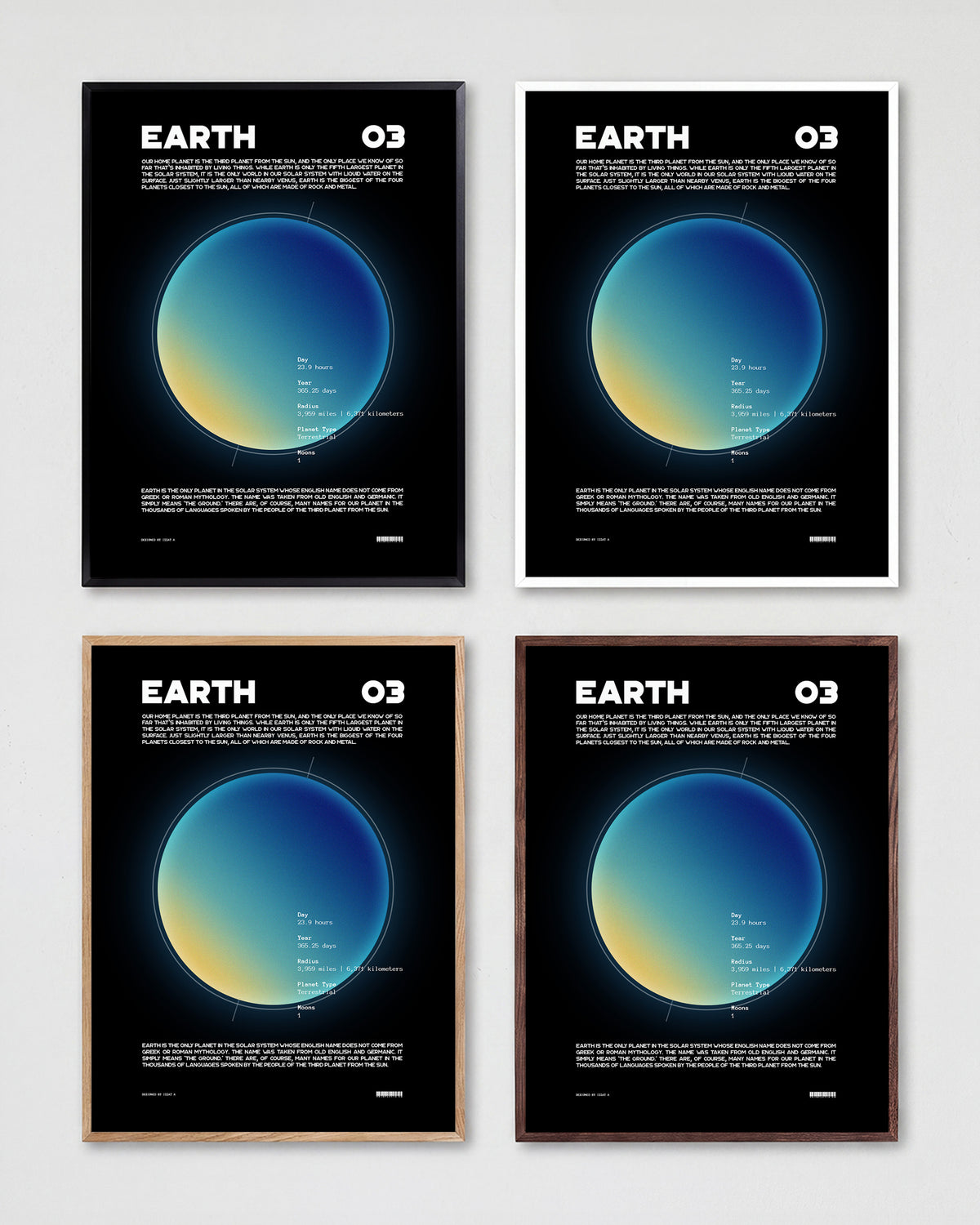 Earth retro space art print shown in all frame colours