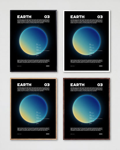 Earth retro space art print shown in all frame colours