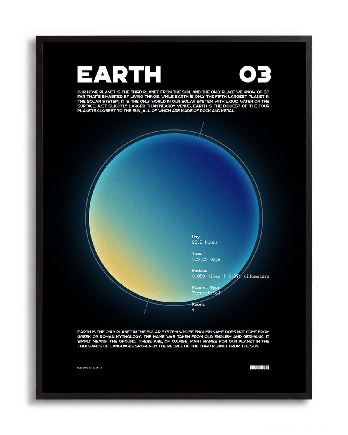 Earth retro space art print in a black frame