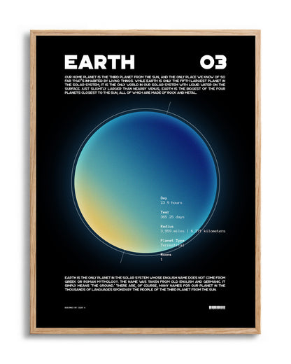 Earth retro space art print in an oak frame