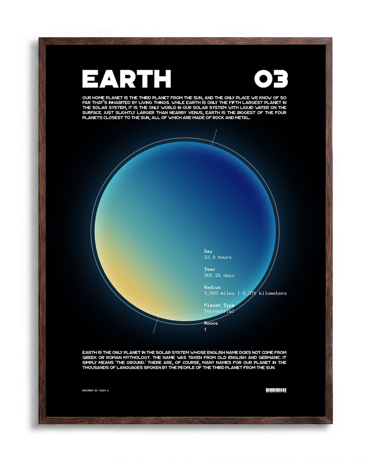 Earth retro space art print in a walnut frame