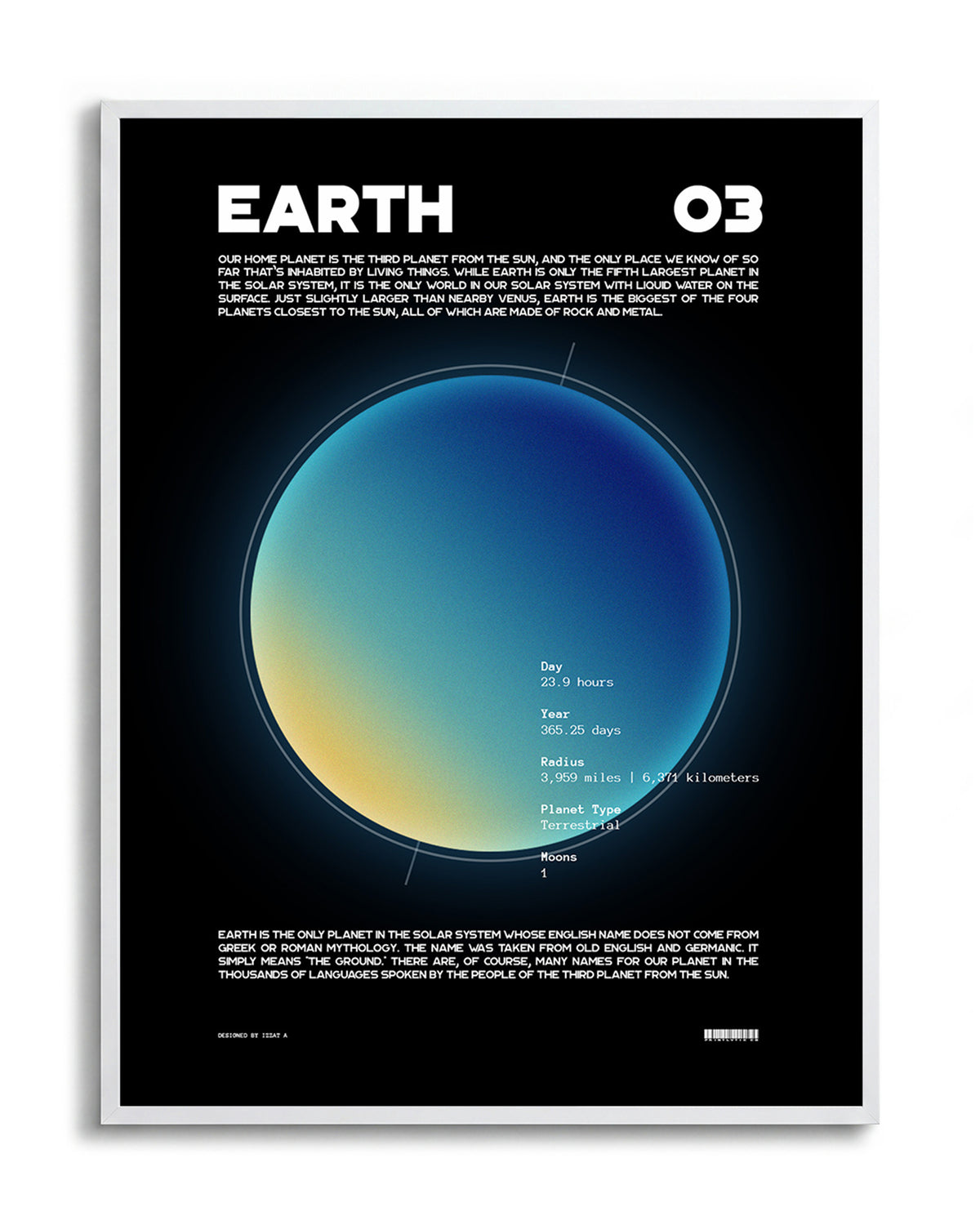 Earth retro space art print in a white frame