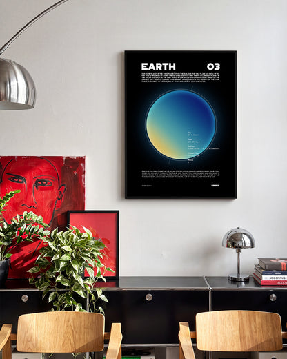 Earth retro space art print in a black frame on a room wall
