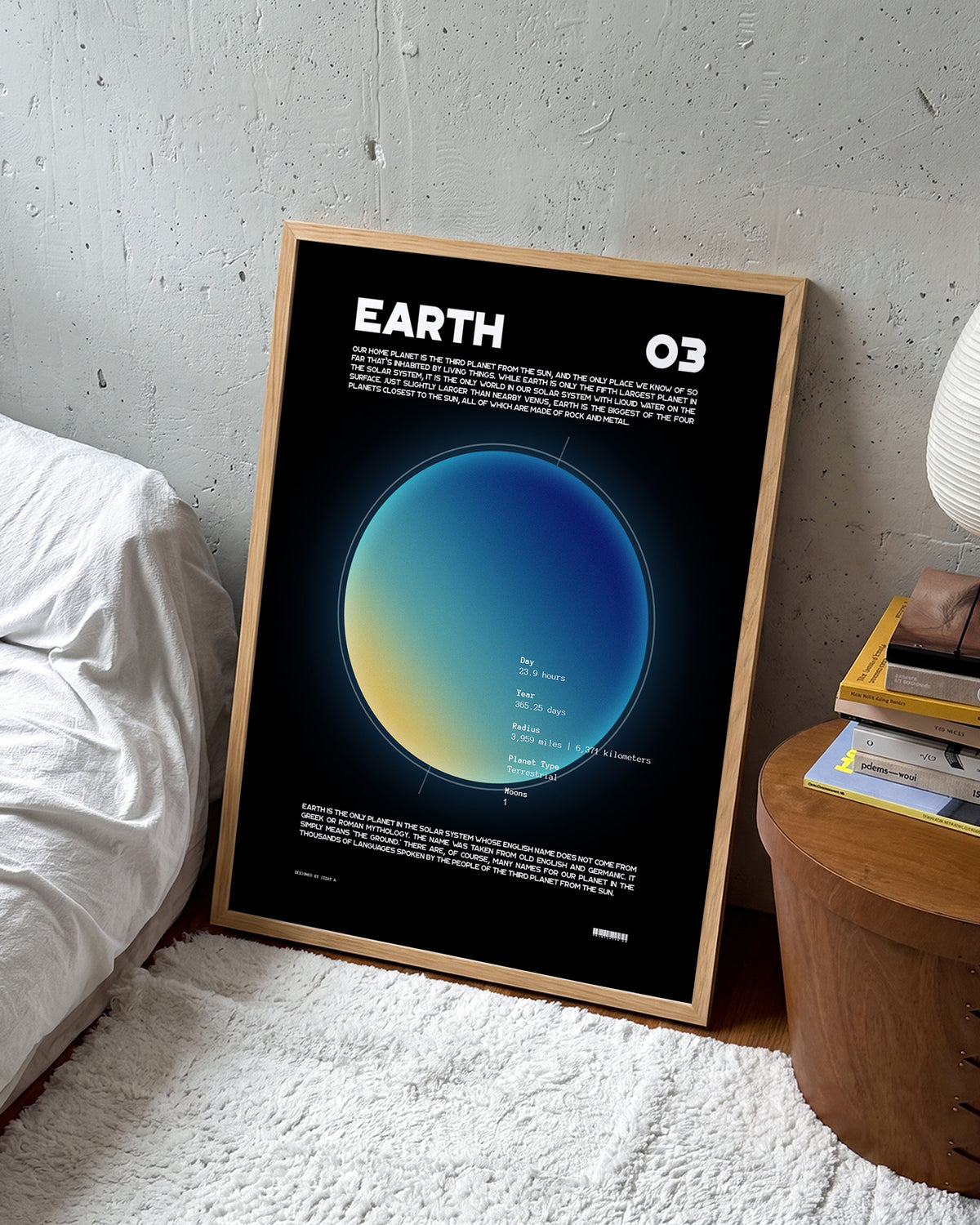 Earth retro space art print in an oak frame on a room wall