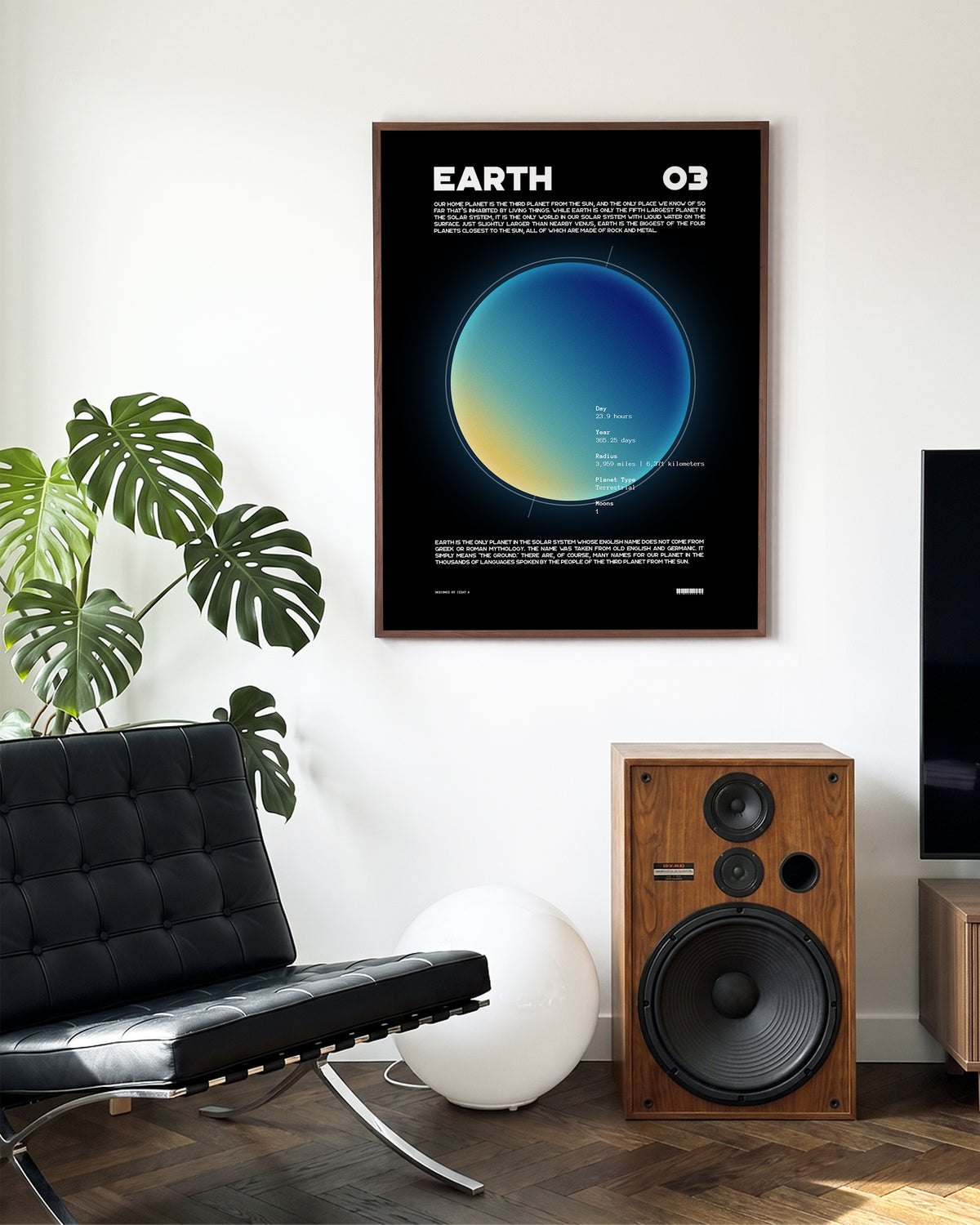 Earth retro space art print in a walnut frame on a room wall