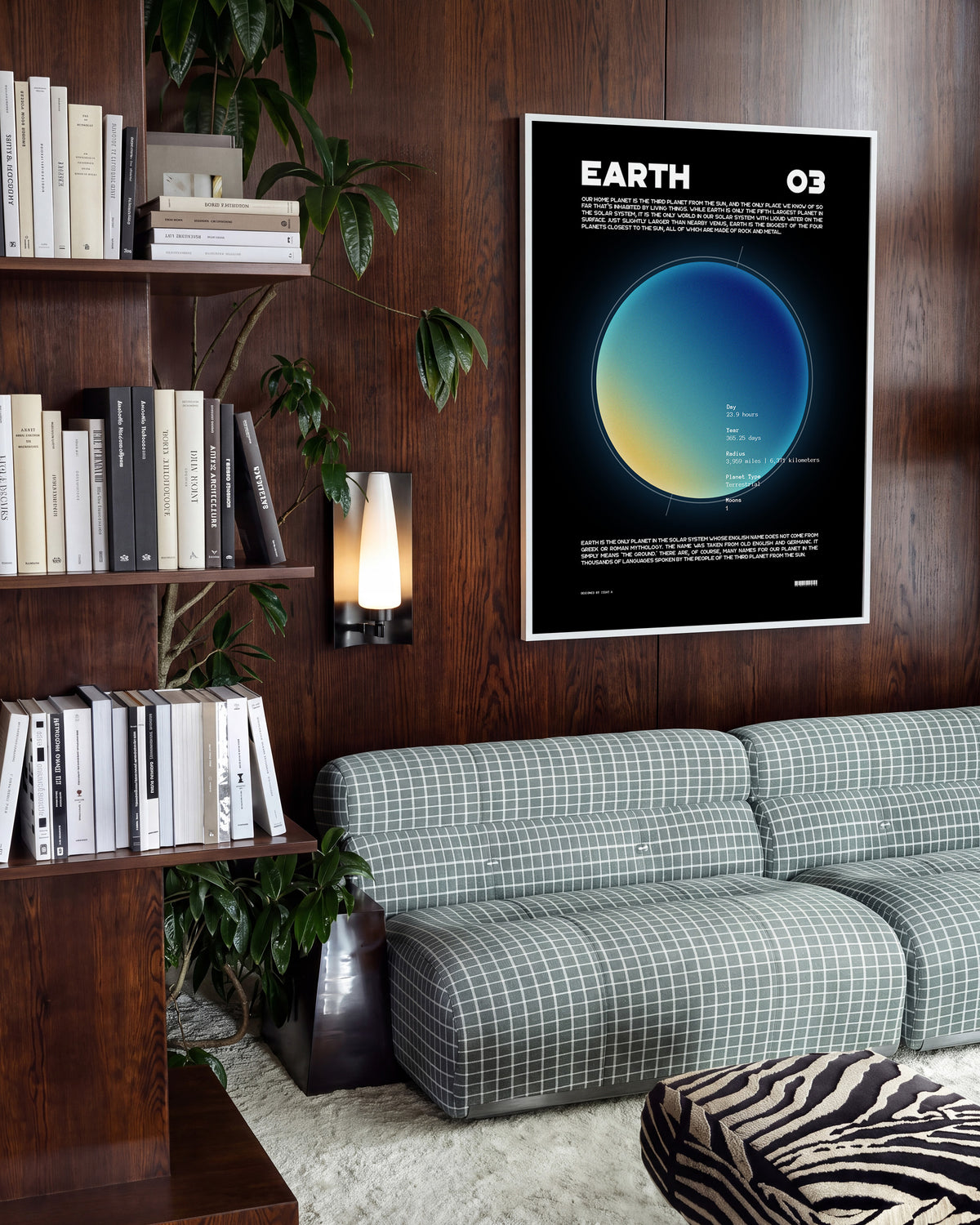 Earth retro space art print in a white frame on a room wall