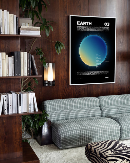 Earth retro space art print in a white frame on a room wall