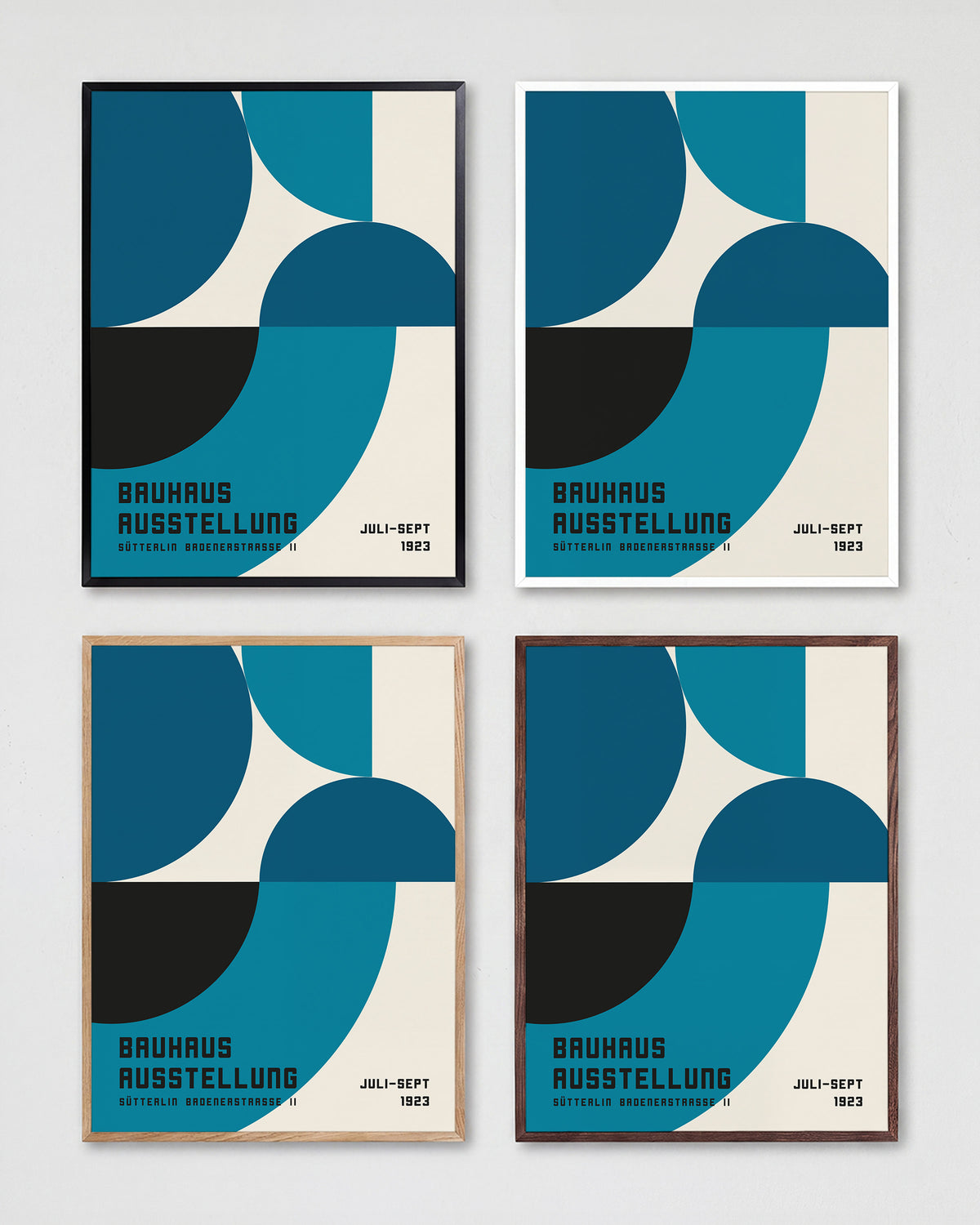 Bauhaus geometric art poster shown in all frame colours