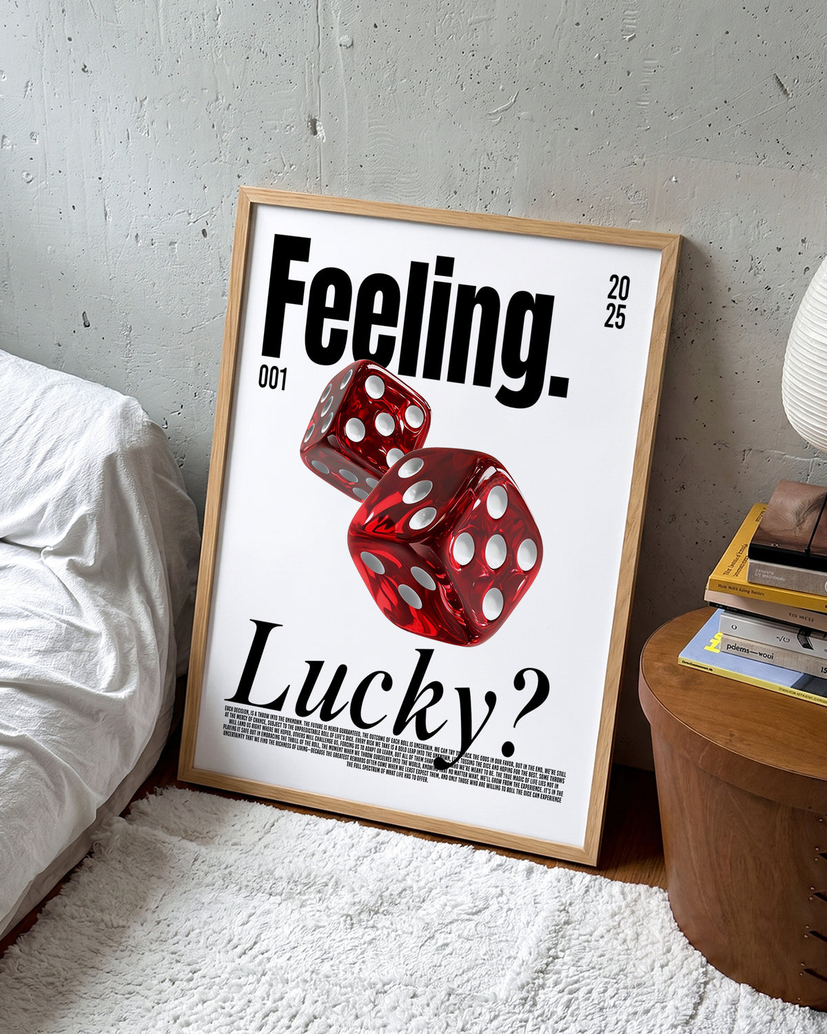 Feeling Lucky dice typography poster in an oak frame on a room wall