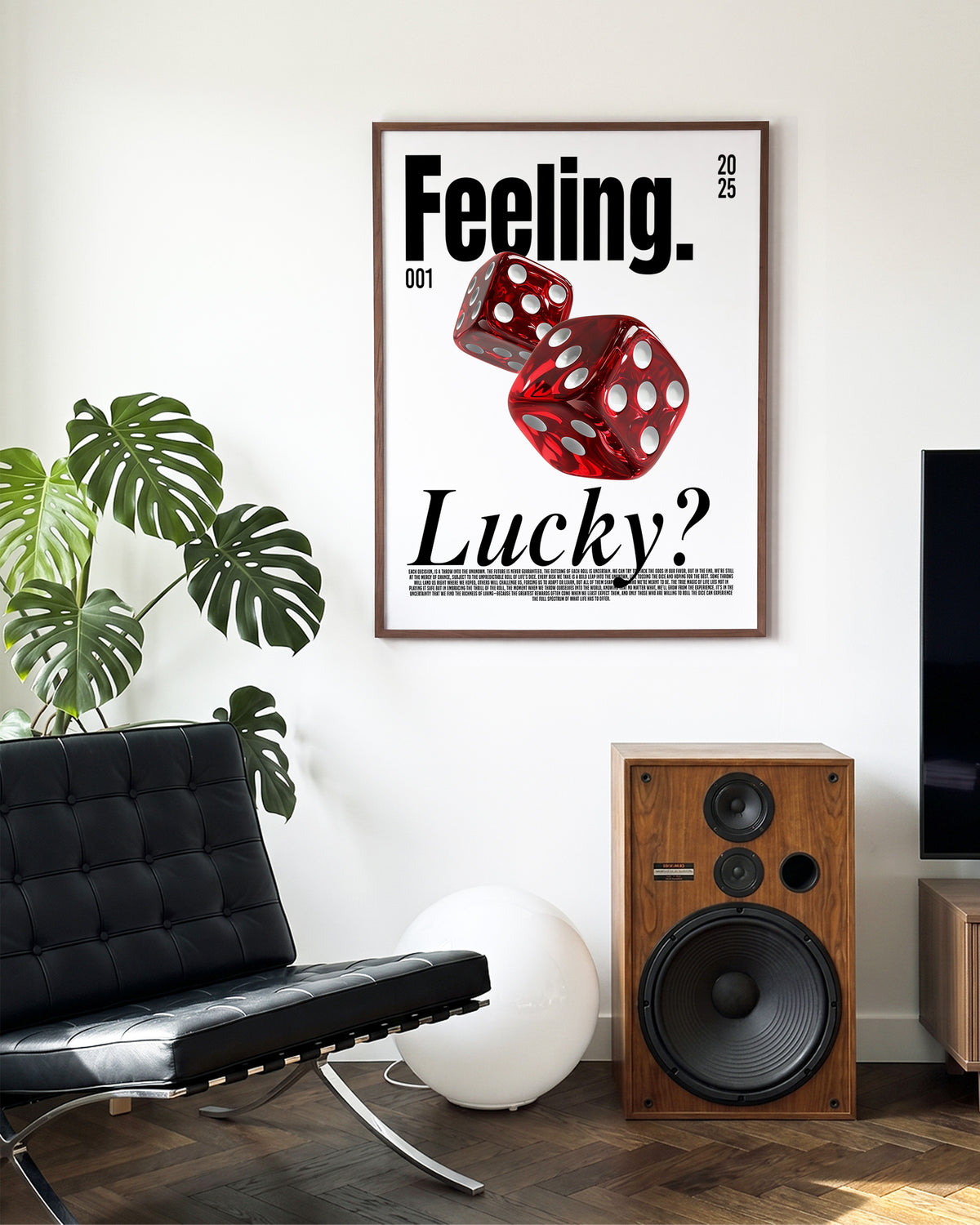 Feeling Lucky dice typography poster in a walnut frame on a room wall