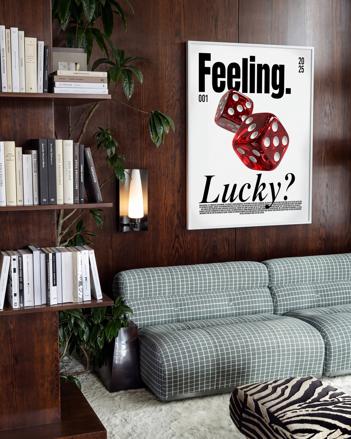Feeling Lucky dice typography poster in a white frame on a room wall