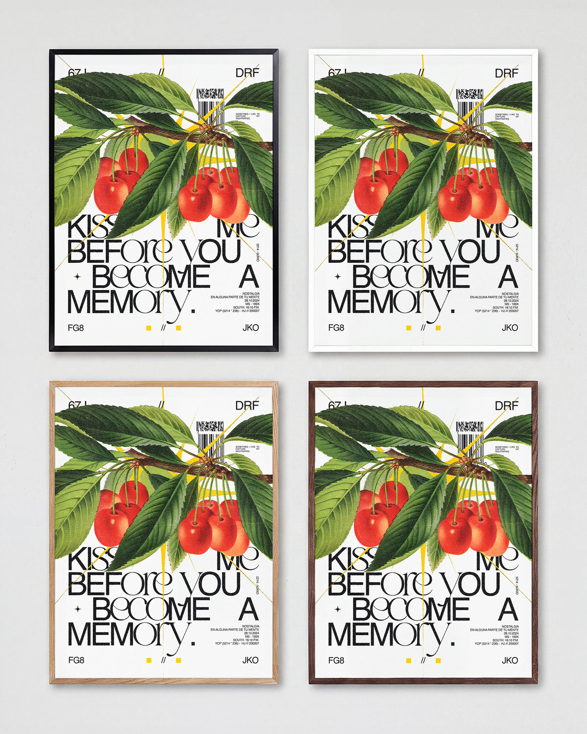 Kiss Me romantic quote poster shown in all frame colours